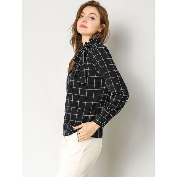 Bow Tie Neck Grid Checks Shirt Tops Blouses Black - Picture 4 of 6